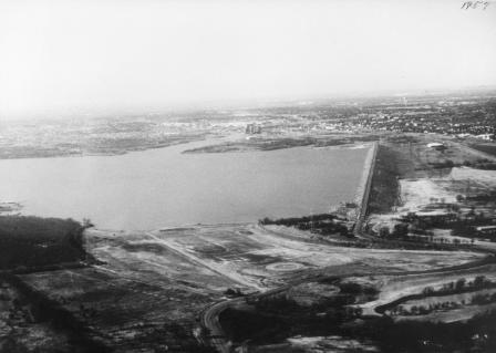Newly filled Lake Arlington and dam, 1957