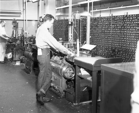 Workman at monotype machine in Composing department of Fort Worth Star-Telegram, 1949