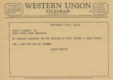 Telegram from Audie Murphy to Amon Gary Carter and The Fort Worth Star-Telegram