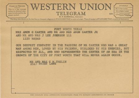 Telegram from Mr. and Mrs. C. M. Thelin to the Carter Family