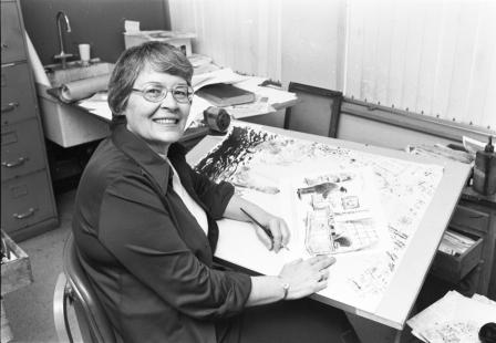 Etta Hulme at drawing board at the Fort Worth Star-Telegram
