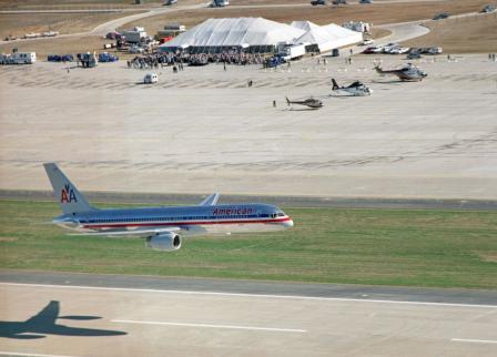 American Airlines jet landing at inauguration ceremonies at new Alliance Airport