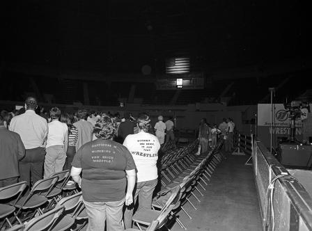 Wrestling at Will Rogers Coliseum; fans wearing shirts "Happiness is Watching a Von Erich Wrestle" and "Without a Von Erich, it Just isn't Wrestling"