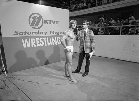 Wrestling at Will Rogers Coliseum; Kevin Von Erich with KTVT reporter