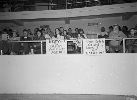 Wrestling at Will Rogers Coliseum; fans with signs "New York to Dallas, Von Erichs are #1" and "Von Erich Country, Love it or Leave it"