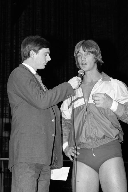 Wrestling at Will Rogers Coliseum; Kevin Von Erich with reporter before match with Al Perez