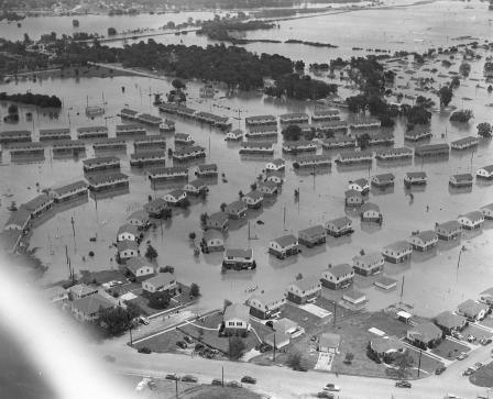 Fort Worth flood of 1949 showing a neighborhood under water