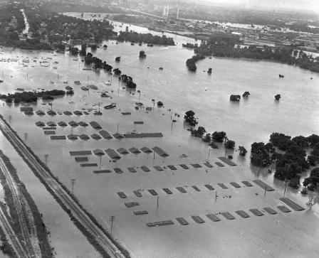 Fort Worth flood of 1949 showing a submerged neighborhood of homes