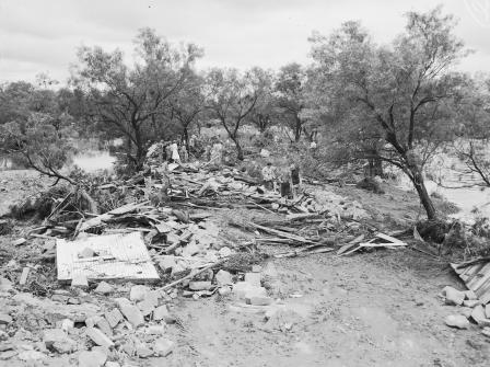 Wreckage of homes that were demolished by flood