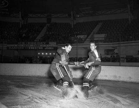 Francis (Red) Kane (left) and Rudy Brodeur, ice hockey players