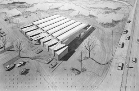 Architectural drawing of proposed Hill & Hill Bowling Alley in Fort Worth, Texas