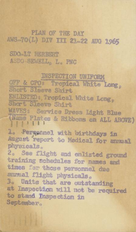 Business Uniform Inspection notification from Flight Training Dept of Naval Air Station, Dallas