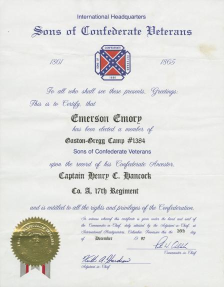 Emerson Emory's Sons of Confederate Veterans Certificate