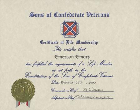 Emerson Emory's Sons of Confederate Veterans Certificate of Life Membership