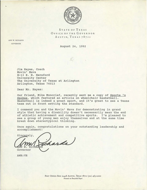 letter from Governor Ann Richards