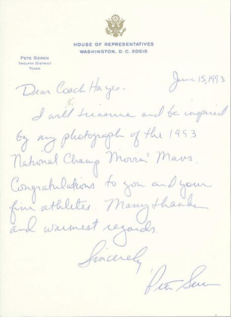 Letter from Pete Geren, U.S. House of Representatives, to Coach Jim Hayes
