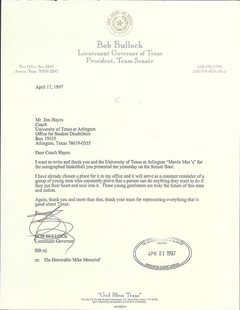 Letter from Bob Bullock, Texas Lieutenant Governor, thanking Jim Hayes