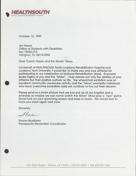   Letter from Sharon Bradberry to Jim Hayes and the Movin' Mavs