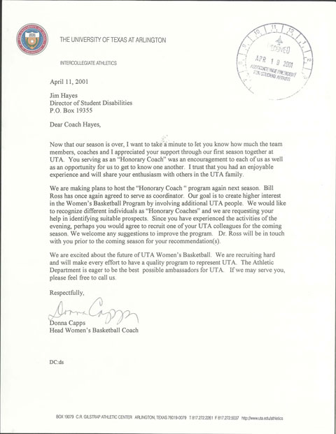 Letter from Donna Capps, UTA Women's Basketball Coach, to Jim Hayes