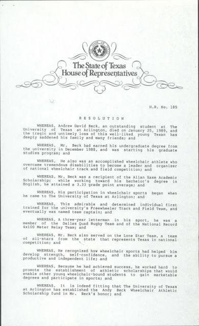 Resolution of the 71st Texas Legislature honoring the memory of Andy Beck