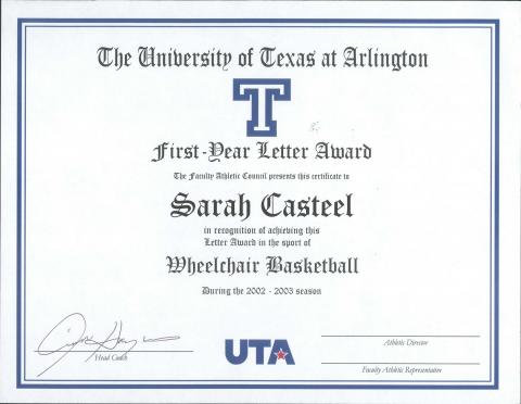 First-Year Letter Award certificate to Sarah Casteel from the UTA Faculty Athletic Council