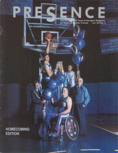 cover of UT Arlington alumni magazine showing group of athletes, one in a wheelchair