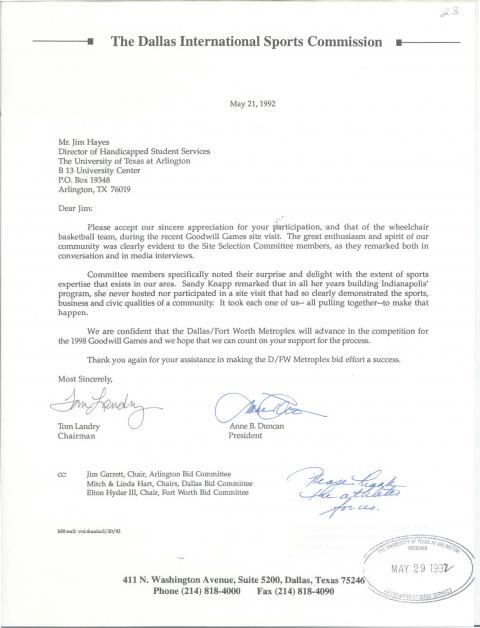 Letter sent thanking the DFW Goodwill Games Bid Selection committee members