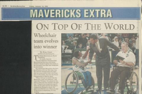 newspaper article with photo of Dallas Mavericks president congratulating wheelchair athletes