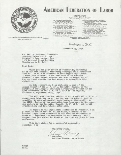 Thank you letter from George Meany, President of the American Federation of Labor