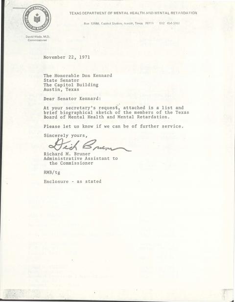 Letter from Richard M. Bruner to Senator Don Kennard