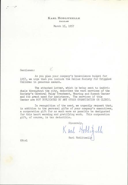 letter from Karl Hoblitzelle to undisclosed recipients seeking corporate donations for the Dallas Society for Crippled Children