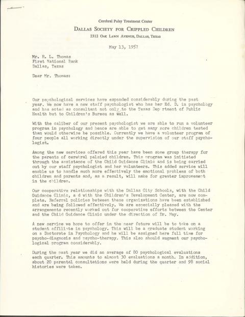 letter from Philip Hood to R. L. Thomas summarizing the services currently offered at the Dallas Society for Crippled Children