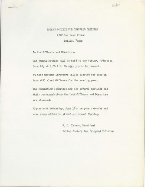 letter from R. L. Thomas, President of the Dallas Society for Crippled Children, to the Officers and Directors