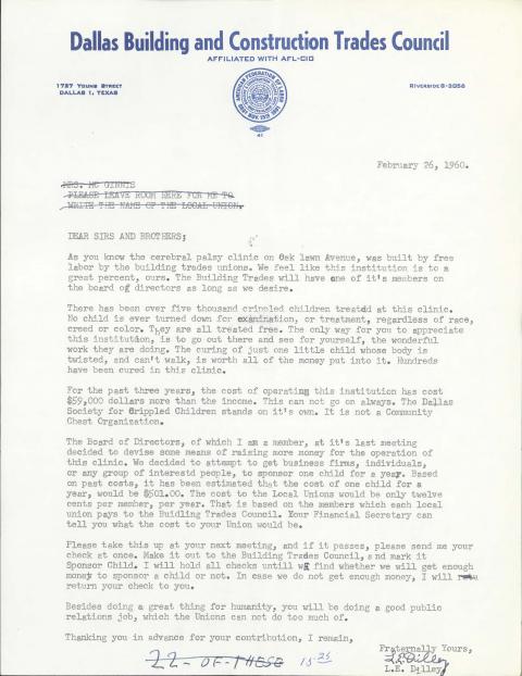 Draft form letter written by L. E. Dilley encouraging local unions to to sponsor a child for one year