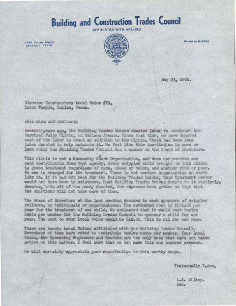 Letter written by L. E. Dilley of the Building Trades Council