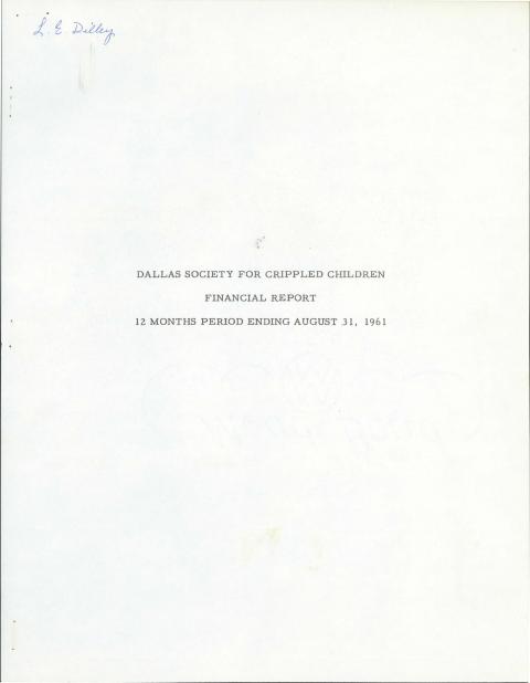 Dallas Society For Crippled Children Financial Report for the twelve months period ending August 31, 1961