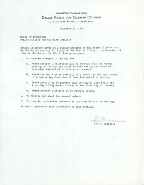 Agenda for the December 19, 1961 Board of Directors of the Dallas Society for Crippled Children meeting