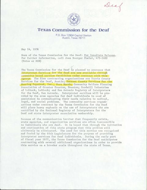 News release of the Texas Commission for the Deaf. Announcement 
