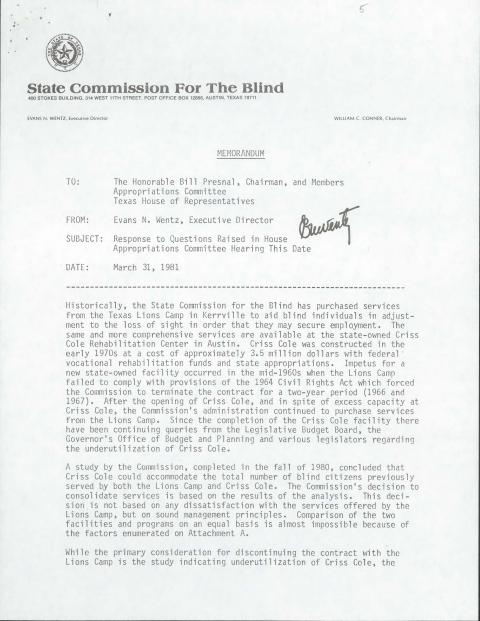 State Commission for the Blind Executive Director Evans N. Wentz Memorandum to Texas House of Representatives