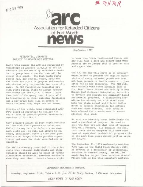 cover of ARC News / Association for Retarded Citizens of Fort Worth, September 1979