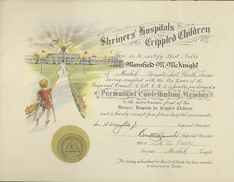 Certificate from the Shriners' Hospitals for Crippled Children awarded to Mansfield M. McKnight of the Moslah Temple, Fort Worth