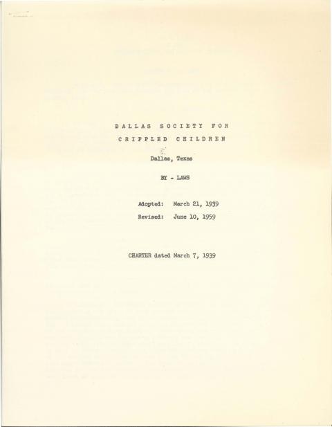 coversheet of Dallas Society for Crippled Children By-laws from 1939