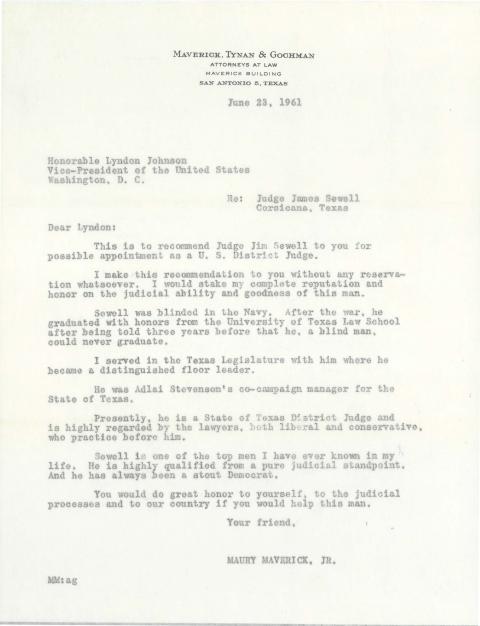 Letter from Maury Maverick, Jr. to the Honorable Lyndon Johnson