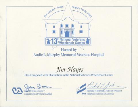 Certificate issued to Jim Hayes for competing in the 13th National Veterans Wheelchair Games