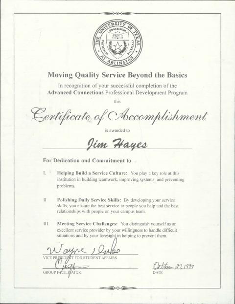 Certificate of Accomplishment to Jim Hayes