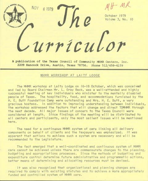 The Curriculor, a publication of the Texas Council of Community MHMR Centers, October 1979