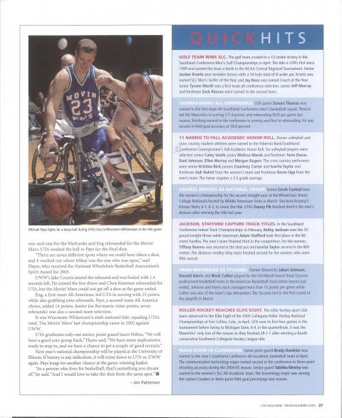 UTA Magazine blurbs announcing Sarah Casteel's championship and Danny Fiks finish in the men's division