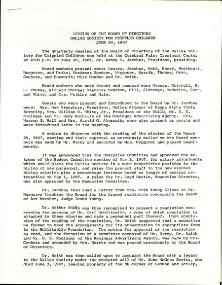 Minutes of the quarterly meeting of the Dallas Society for Crippled Children 