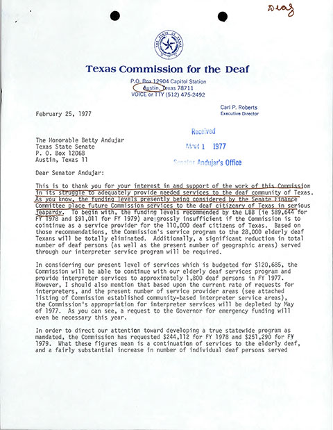 Carl P. Roberts letter to Texas State Senator Betty Andujar