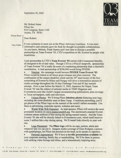 [Letter from Dennis Borel to Robert Jones:Financial Sponsorship of Team Everest '03]